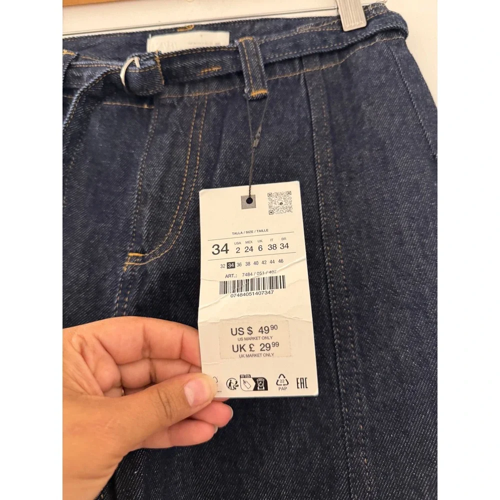 NWT Zara Wide Leg High Waisted Dark Wash Jeans with Belt Size 2 Streetwear - Picture 3 of 7